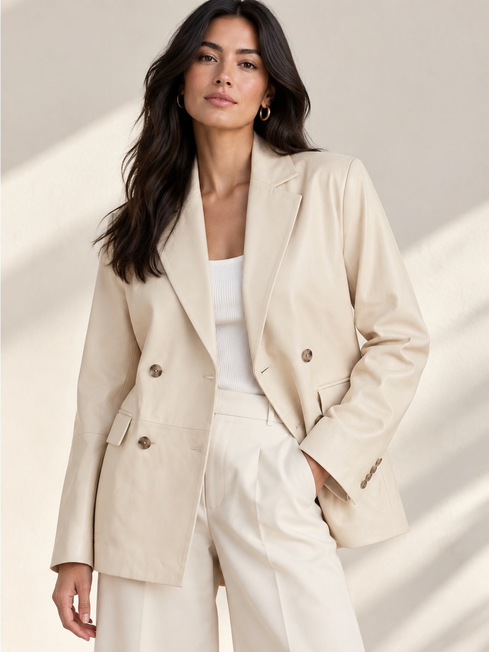 Loulou Studio Davao Cream Lambskin Leather Double Breasted Blazer XS